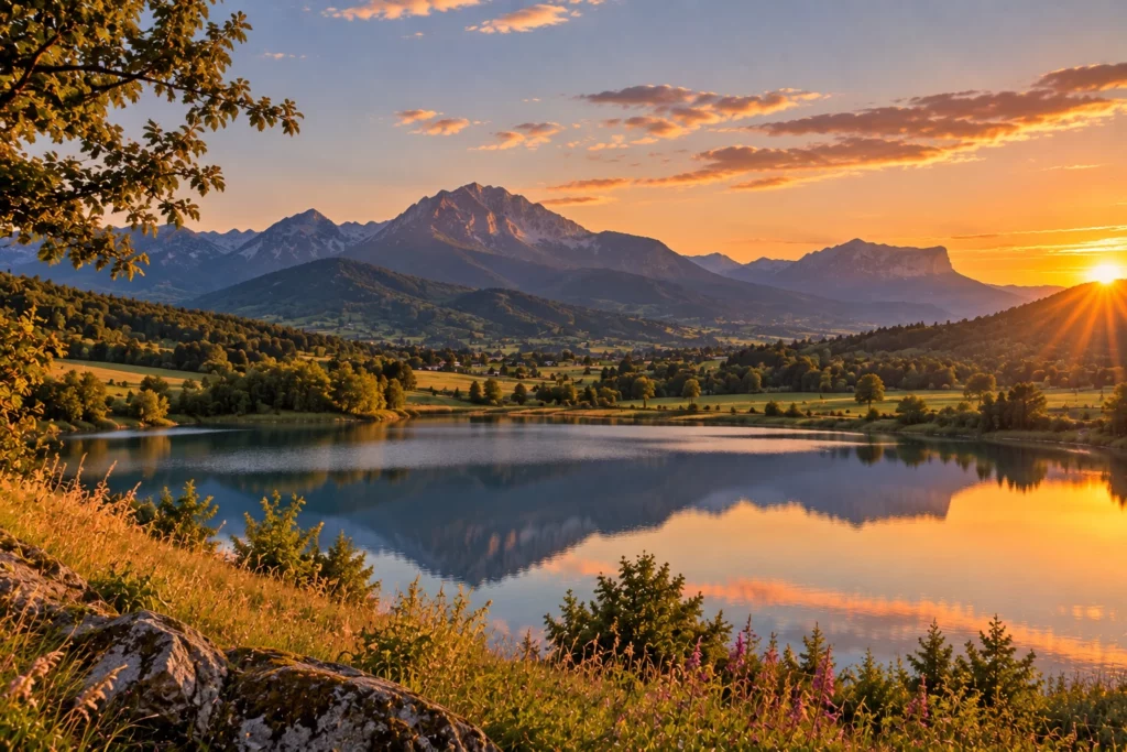 Vue lac et montagnes au coucher de soleil du Champsaur